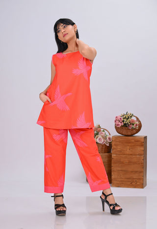 Orange & Pink Bird Print Sleeveless Short Co-ord Set (Set of 2)