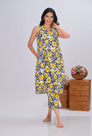 Black & Yellow Floral Print Sleeveless Co-ord Set (Set of 2)