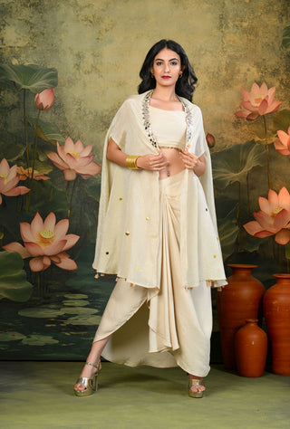 Tara Golden Crop-Top with Drape-Skirt & Cape (Set of 3)