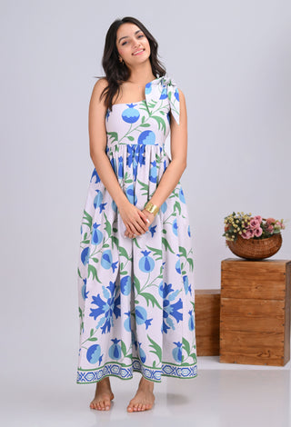 Blue & Off-White Pomegranate Print One-Shoulder Maxi Dress