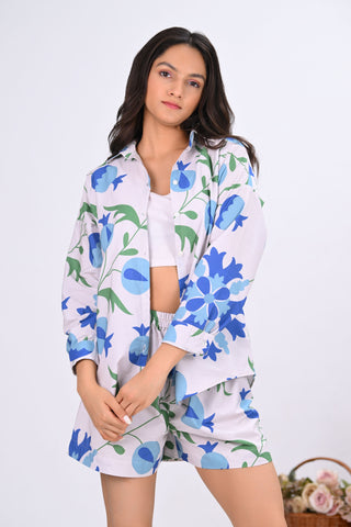 Blue & Off-White Pomegranate Print Co-Ord Set with Short (Set of 2)