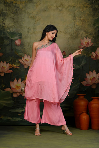 Zuri Light-Pink One-shoulder Kurta Set (Set of 2)