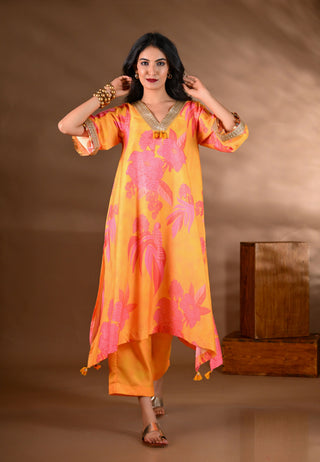 Yellow Crepe V-Neck Coin Detailing Kurta Set (Set of 2)