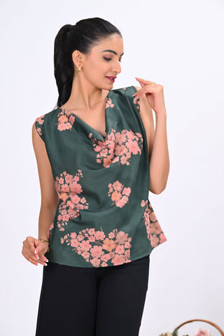 Green Crepe Printed Cowl Neck Sleeveless Top