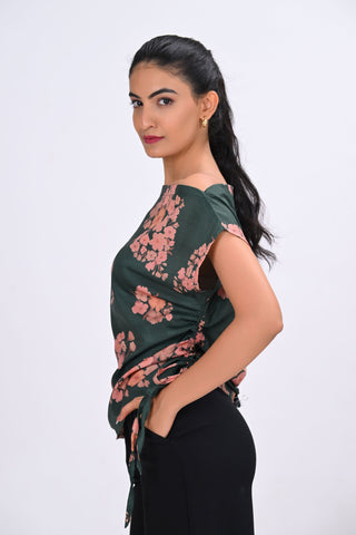 Green Crepe Printed Drop Shoulder Top