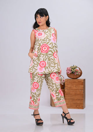 Pink Floral Print Sleeveless Short Co-ord Set (Set of 2)