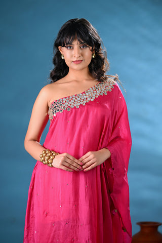 Laila Magenta Pink One-shoulder Kurta Set (Set of 2)