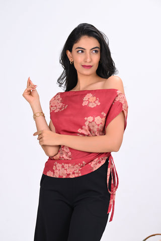 Red Crepe Printed Drop Shoulder Top