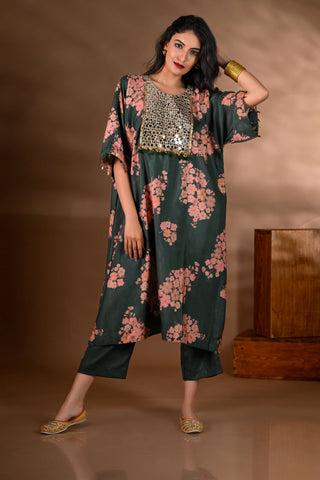 Green Crepe Printed Mirror-work Yoke Kurta Set (Set of 2)