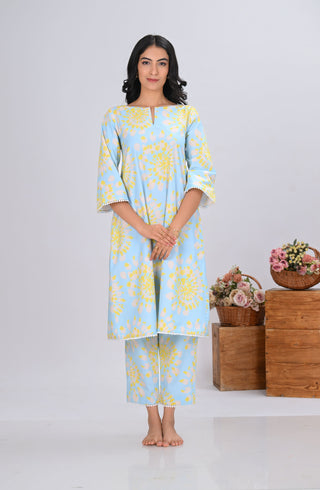 Sky Blue & Yellow Tie-Dye Print Round-Neck Co-ord Set (Set of 2)