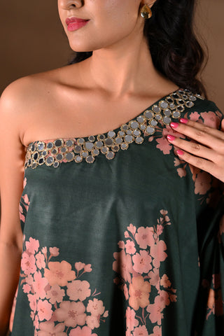 Green Crepe One-Shoulder Mirror-Work Kurta Set (Set of 2)