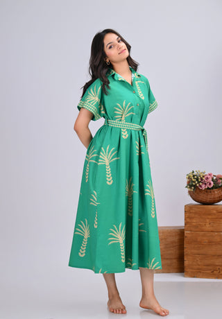 Green & Beige Palm Tree Print Button-Up Shirt Dress