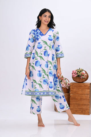 Blue & Off-White Pomegranate Print V-Neck Co-ord Set (Set of 2)