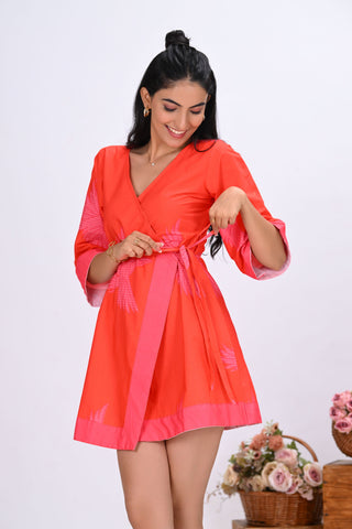 Orange & Pink Bird Print Wrap-Around Mini Dress