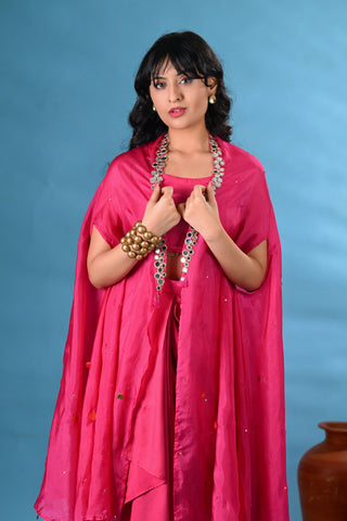 Laila Magenta Pink Crop-Top With Drape-Skirt & Cape (Set of 3)
