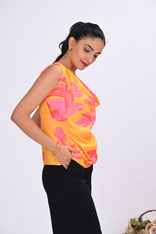 Yellow Crepe Printed Cowl Neck Sleeveless Top