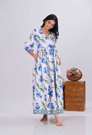 Blue & Off-White Pomegranate Print Wrap-Around Maxi Dress