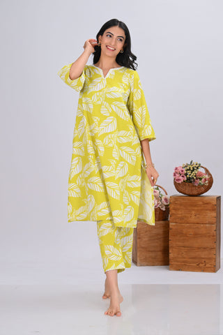 Mustard Yellow Leaves Print Round-Neck Co-ord Set (Set of 2)