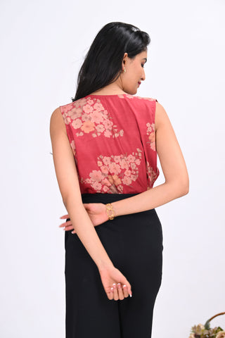 Red Crepe Printed Cowl Neck Sleeveless Top