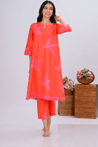 Orange & Pink Bird Print Round-Neck Co-ord Set (Set of 2)