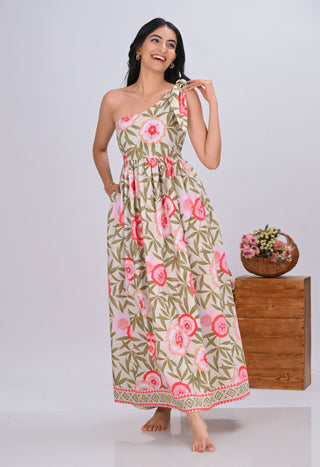 Pink Floral Print One-Shoulder Maxi Dress