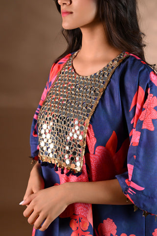 Blue Crepe Printed Mirror-work Yoke Kurta Set (Set of 2)