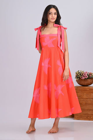 Orange & Pink Bird Print Umbrella Tie-Up Maxi Dress