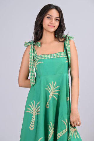 Green & Beige Palm Tree Print Umbrella Tie-Up Maxi Dress