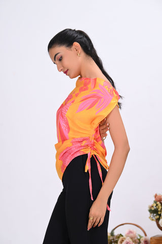 Yellow Crepe Printed Drop Shoulder Top