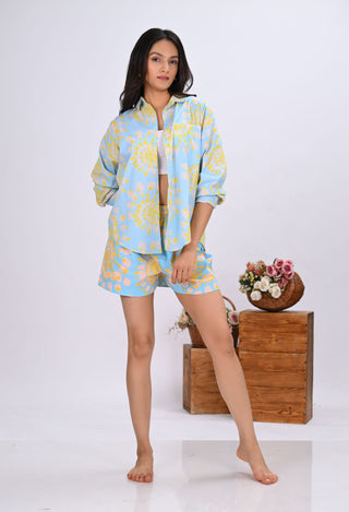 Sky Blue & Yellow Tie-Dye Print Co-Ord Set with Short (Set of 2)