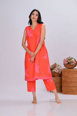 Orange & Pink Bird Print Sleeveless Co-ord Set (Set of 2)