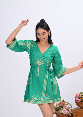 Green & Beige Palm Tree Print Wrap-Around Mini Dress
