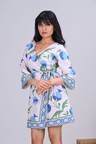 Blue & Off-White Pomegranate Print Wrap-Around Mini Dress