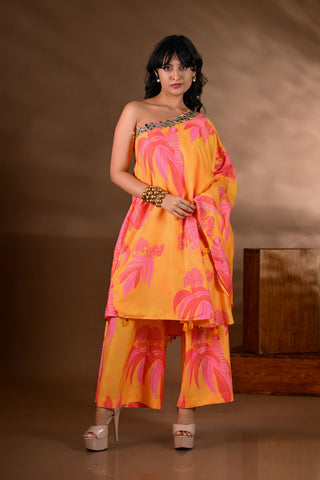 Yellow Crepe One-Shoulder Mirror-Work Kurta Set