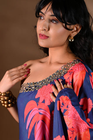 Blue Crepe One-Shoulder Mirror-Work Kurta Set