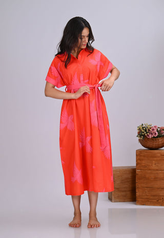 Orange & Pink Bird Print Button-Up Shirt Dress