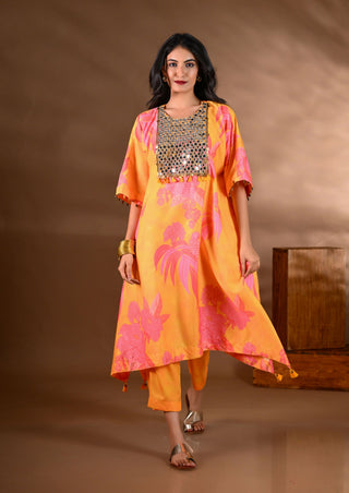 Yellow Crepe Printed Mirror-work Yoke Kurta Set (Set of 2)