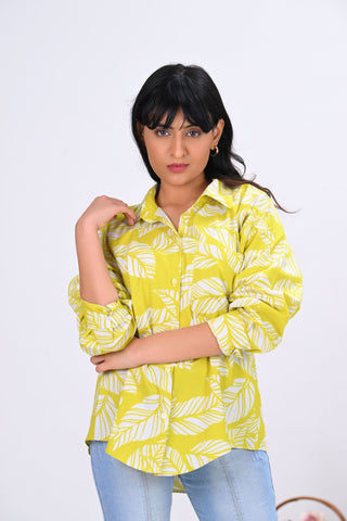 Mustard Yellow Leaves Print Shirt