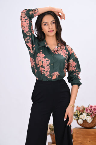 Green Blossom Print Shirt