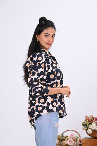 Black & Beige Floral Print Shirt