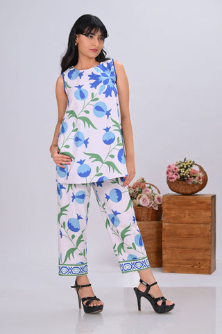 Blue & Off-White Pomegranate Print Sleeveless Short Co-ord Set (Set of 2)
