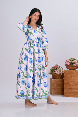 Blue & Off-White Pomegranate Print Wrap-Around Maxi Dress