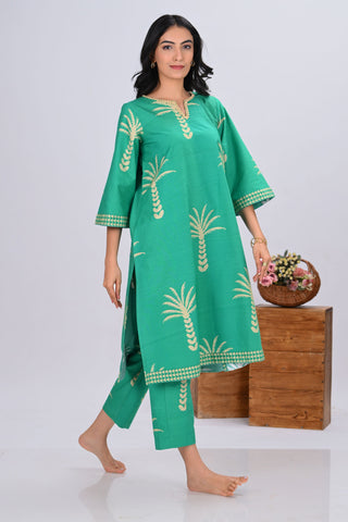 Green & Palm Tree Print Round-Neck Co-ord Set (Set of 2)