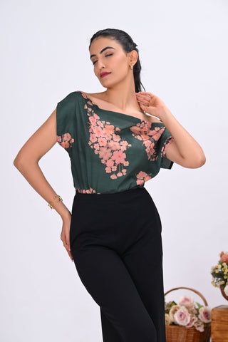 Green Crepe Printed Drop Shoulder Top