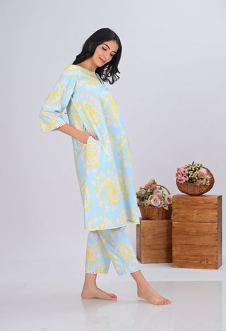 Sky Blue & Yellow Tie-Dye Print Round-Neck Co-ord Set (Set of 2)