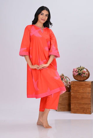 Orange & Pink Bird Print Round-Neck Co-ord Set (Set of 2)