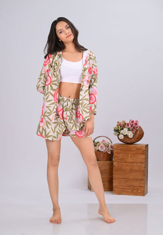 Pink Floral Print Co-Ord Set with Short (Set of 2)