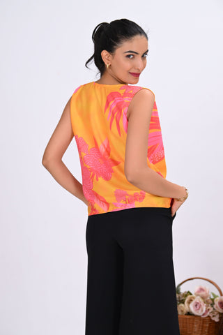 Yellow Crepe Printed Cowl Neck Sleeveless Top