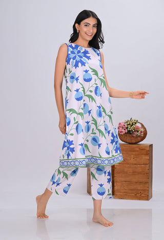 Blue & Off-White Pomegranate Print Sleeveless Co-ord Set (Set of 2)