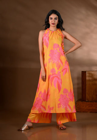 Yellow Crepe Printed Halter-Neck Kurta Set (Set of 2)